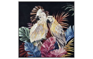 Πίνακας με ελαιογραφία και τύπωμα πάνω σε καμβά με θέμα λευκοί παπαγάλοι 82x82 εκ