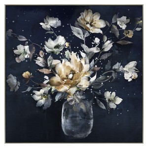 Πίνακας ελαιογραφίας πάνω σε τυπωμένο καμβά με κορνίζα και θέμα Λουλούδια στο βάζο σε μπλε φόντο 82x82 εκ