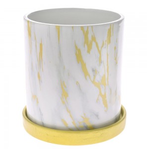 Κεραμικό κασπώ σε χρυσό λευκό χρώμα με πιατάκι 13.8x13.8x14.5 εκ