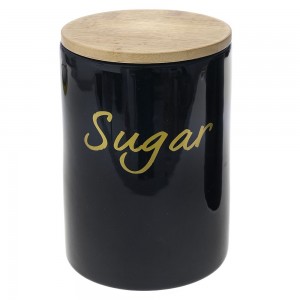 Δοχείο κεραμικό για ζάχαρη σε μαύρο χρώμα με καπάκι από μπαμπού 12x12x17 εκ
