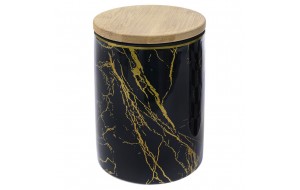 Κεραμικό δοχείο μαύρο με σχέδια σε χρυσό χρώμα και καπάκι από μπαμπού 10x10x14 εκ