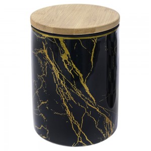 Κεραμικό δοχείο μαύρο με σχέδια σε χρυσό χρώμα και καπάκι από μπαμπού 10x10x14 εκ