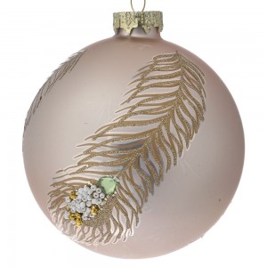 Γυάλινη μπάλα χριστουγεννιάτικη σε ροζ χρυσό απόχρωση με φτερό παγωνιού σετ έξι τεμαχίων 8 εκ