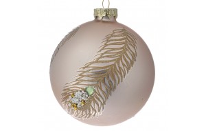 Χριστουγεννιάτικη γυάλινη μπάλα σε ροζ χρυσό απόχρωση με φτερό παγωνιού σετ τεσσάρων τεμαχίων 10 εκ