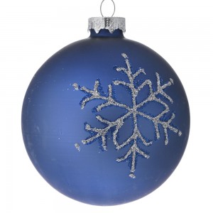 Γυάλινη μπλε μπάλα χριστουγεννιάτικη με χιονονιφάδα σετ έξι τεμαχίων 8 εκ