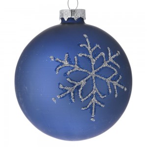 Μπλε μπάλα χριστουγεννιάτικη γυάλινη με χιονονιφάδα σετ τεσσάρων τεμαχίων 10 εκ