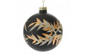 Μαύρη ματ γυάλινη χριστουγεννιάτικη μπάλα με φύλλα χρυσής απόχρωσης σετ έξι τεμάχια 8 εκ