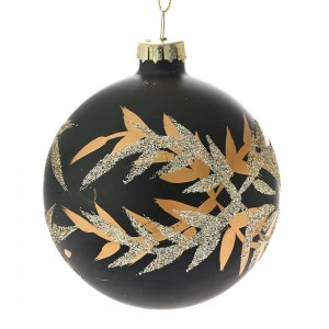 Μαύρη ματ γυάλινη χριστουγεννιάτικη μπάλα με φύλλα χρυσής απόχρωσης σετ έξι τεμάχια 8 εκ