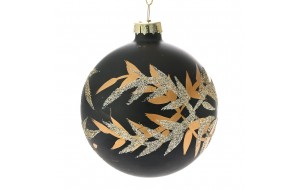 Χριστουγεννιάτικη μαύρη ματ γυάλινη μπάλα με χρυσά φύλλα σετ τεσσάρων τεμαχίων 10 εκ
