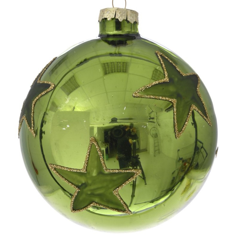 Πράσινη χριστουγεννιάτικη γυαλιστερή γυάλινη μπάλα με αστέρια σετ έξι τεμάχια 8 εκ