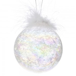 Λευκή ίριδα γυάλινη μπάλα χριστουγεννιάτικη με πούπουλα σετ τεσσάρων τεμαχίων 10 εκ