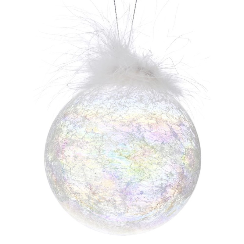 Λευκή ίριδα γυάλινη μπάλα χριστουγεννιάτικη με πούπουλα σετ τεσσάρων τεμαχίων 10 εκ