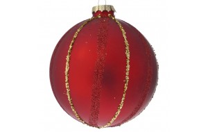 Γυάλινη κόκκινη με γραμμές γκλίτερ χριστουγεννιάτικη μπάλα σετ έξι τεμάχια 8 εκ