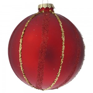 Γυάλινη κόκκινη με γραμμές γκλίτερ χριστουγεννιάτικη μπάλα σετ έξι τεμάχια 8 εκ