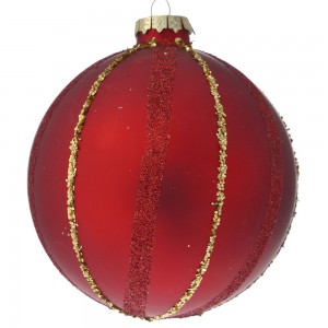 Κόκκινη γυάλινη με γραμμές γκλίτερ μπάλα χριστουγεννιάτικη σετ τέσσερα τεμάχια 10 εκ