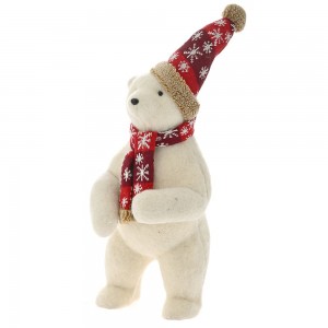 Χριστουγεννιάτικη λευκή διακοσμητική πολική αρκούδα με κόκκινο σκούφο και κασκόλ 21x21x48 εκ