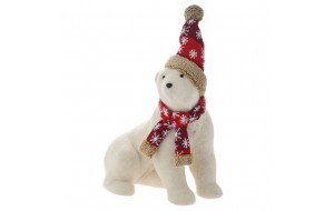 Λευκή χριστουγεννιάτικη πολική αρκούδα διακοσμητική με κόκκινο κασκόλ και σκούφο 30x22x38 εκ