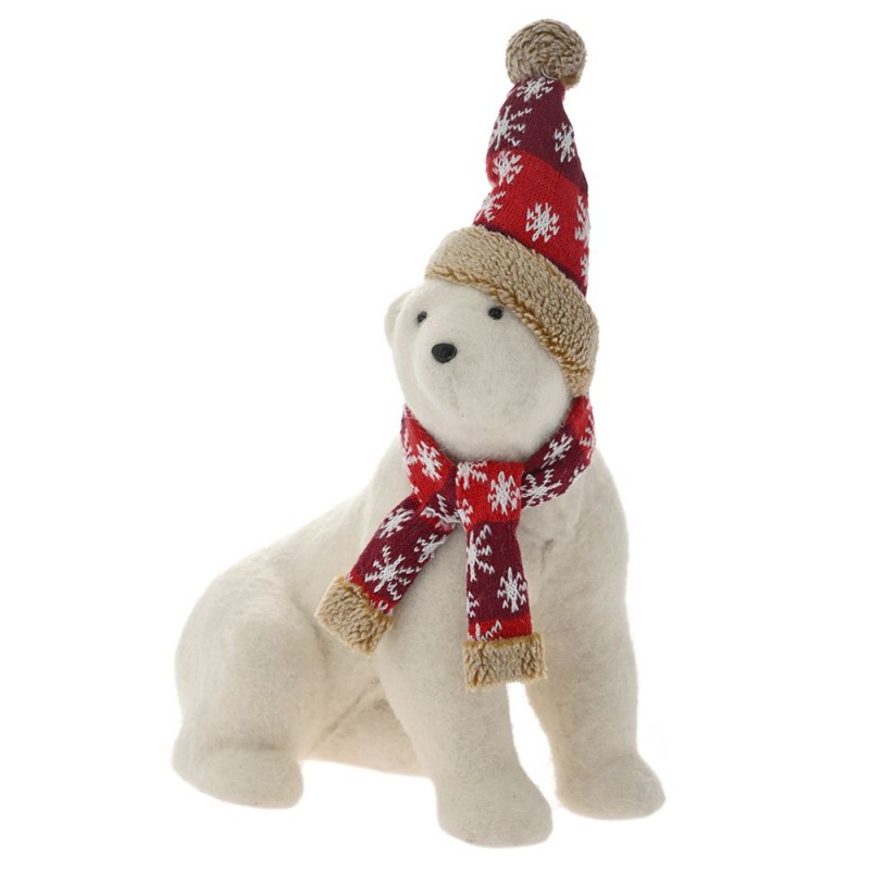 Λευκή χριστουγεννιάτικη πολική αρκούδα διακοσμητική με κόκκινο πουά κασκόλ και σκούφο 30x22x38 εκ
