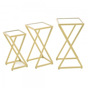 Τραπέζι τετράγωνο μεταλλικό με καθρέφτη σε χρυσή απόχρωση σετ τριών τεμαχίων