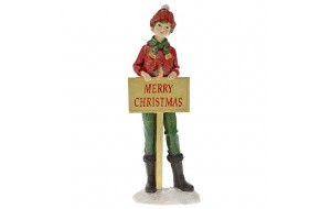 Φιγούρα χριστουγεννιάτικη διακοσμητική κόκκινη από πολυρεζίνη αγόρι με ταμπέλα 11x7.5x30.5 εκ