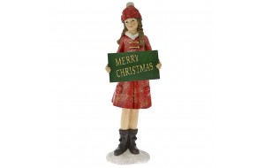 Χριστουγεννιάτικη φιγούρα διακοσμητική κόκκινη από πολυρεζίνη κορίτσι με ταμπέλα 11x8x31 εκ