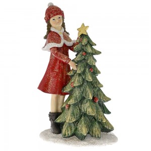 Χριστουγεννιάτικη διακοσμητική φιγούρα από πολυρεζίνη κόκκινη κορίτσι στολίζει δέντρο 12x9.5x21 εκ