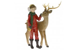 Φιγούρα χριστουγεννιάτικη διακοσμητική κόκκινη από πολυρεζίνη αγόρι με ελάφι 17.5x12x21 εκ