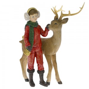 Φιγούρα χριστουγεννιάτικη διακοσμητική κόκκινη από πολυρεζίνη αγόρι με ελάφι 17.5x12x21 εκ