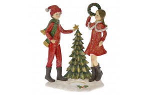 Κόκκινη από πολυρεζίνη ζευγάρι παιδιών στολίζει δέντρο χριστουγεννιάτικη φιγούρα διακοσμητική 17x11.5x21.5 εκ