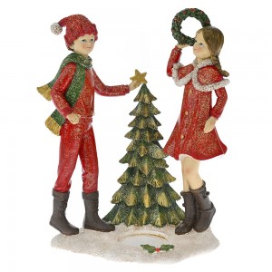 Κόκκινη από πολυρεζίνη ζευγάρι παιδιών στολίζει δέντρο χριστουγεννιάτικη φιγούρα διακοσμητική 17x11.5x21.5 εκ