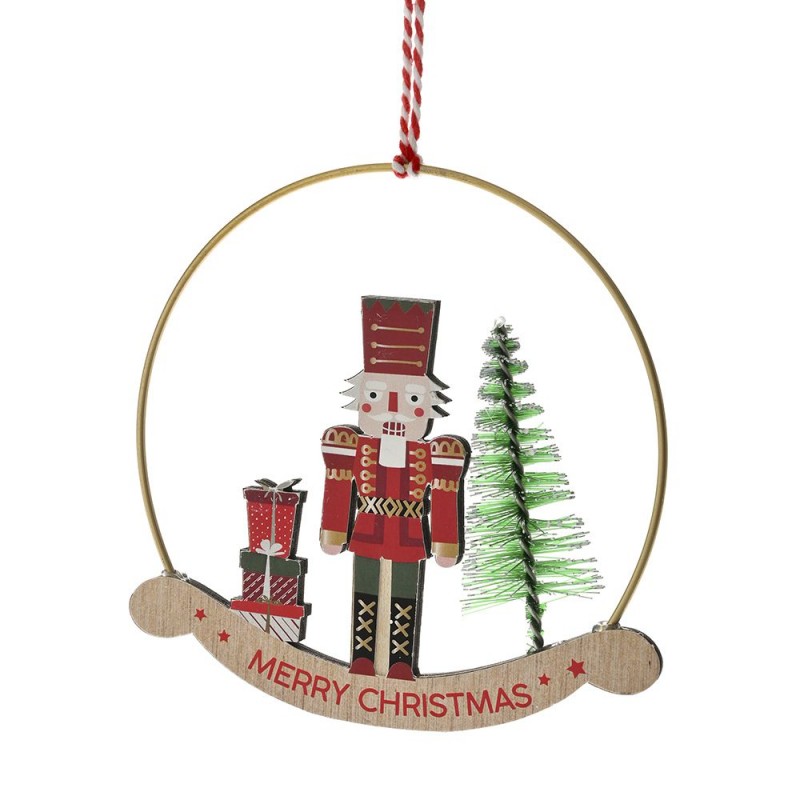 Κόκκινο ξύλινο κρεμαστό στολίδι χριστουγεννιάτικο στεφάνι με στρατιώτη σετ τριών τεμαχίων 10x10 εκ