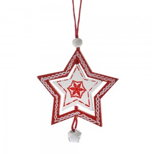 Χριστουγεννιάτικο ξύλινο κρεμαστό αστέρι με κουδουνάκι σετ των έξι τεμαχίων 6x6 εκ