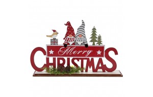 Κόκκινο ξύλινο χριστουγεννιάτικο διακοσμητικό Merry Christmas με νάνους 28x5x17 εκ