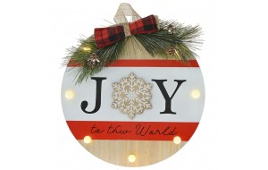 Ξύλινη στρογγυλή κρεμαστή χριστουγεννιάτικη πινακίδα joy με φως 29x4x29 εκ