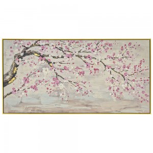 Πίνακας ελαιογραφίας πάνω σε τυπωμένο καμβά με ανθισμένο δέντρο και πλαίσιο σε χρυσή απόχρωση 142x72 εκ