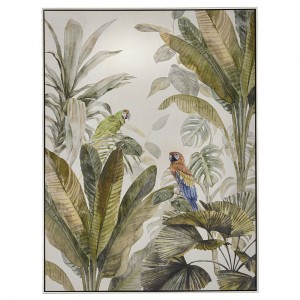 Πίνακας ελαιογραφίας πάνω σε τυπωμένο καμβά με φύλλα και παπαγάλους και πλαίσιο σε ασημί απόχρωση 92x122 εκ