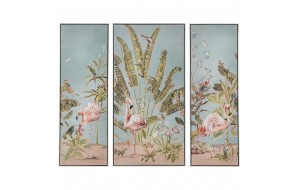 Πίνακας σετ τριών τεμαχίων ελαιογραφία πάνω σε τυπωμένο καμβά με φλαμίνγκο και πλαίσιο σε ασημί απόχρωση 146x122 εκ