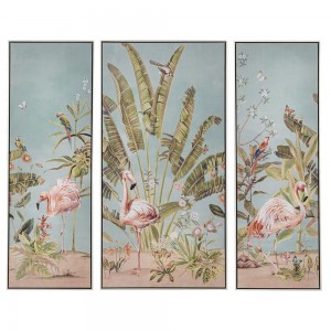 Πίνακας σετ τριών τεμαχίων ελαιογραφία πάνω σε τυπωμένο καμβά με φλαμίνγκο και πλαίσιο σε ασημί απόχρωση 42x122 εκ