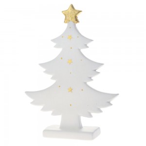 Φωτιζόμενο λευκό κεραμικό διακοσμητικό δέντρο με χρυσά αστέρια 19x5x25 εκ