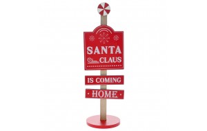 Χριστουγεννιάτικη ξύλινη πινακίδα Santa Claus is Coming Home σε κόκκινο χρώμα 11x38 εκ