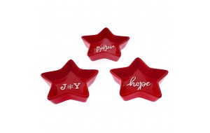 Κεραμικές κόκκινες πιατέλες σε σχήμα αστεριού με χριστουγεννιάτικα μηνύματα σετ των τριών 14x14x3 εκ