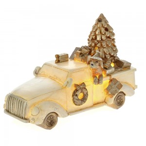 Φωτιζόμενο επιτραπέζιο διακοσμητικό αυτοκίνητο με δώρα λευκό χρυσό από πολυρεζίνη 17x8x11 εκ