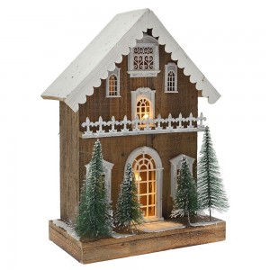 Χριστουγεννιάτικο ξύλινο σπίτι με δεντράκια και φως 30x17x45 εκ