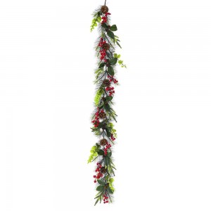 Πράσινη γιρλάντα διακοσμημένη με κόκκινα berries και κουκουνάρια 180 εκ