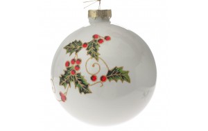 Χριστουγεννιάτικη γυάλινη μπάλα με σχέδιο γκι σε λευκό χρώμα σετ τεσσάρων τεμαχίων 10 εκ