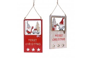 Χριστουγεννιάτικο ξύλινο κρεμαστό παράθυρο σε κόκκινο και μπεζ χρώμα σετ τεσσάρων τεμαχίων 10x17 εκ