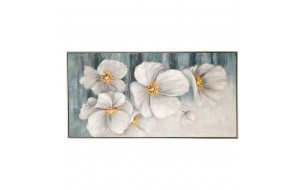 Πίνακας ελαιογραφίας πάνω σε τυπωμένο καμβά με λευκά λουλούδια και ασημί κορνίζα 142x73 εκ