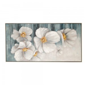 Πίνακας ελαιογραφίας πάνω σε τυπωμένο καμβά με λευκά λουλούδια και ασημί κορνίζα 142x73 εκ