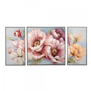 Πίνακας ελαιογραφία σε τυπωμένο καμβά με θέμα τα λουλούδια σε ασημί κορνίζα σετ των τριών 150x4.5x72.5 εκ
