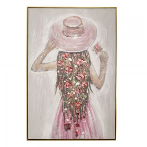 Πίνακας ελαιογραφίας πάνω σε τυπωμένο καμβά με φιγούρα γυναίκας σε ροζ φόρεμα και λουλούδια στα μαλλιά 82x122 εκ